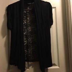 Black short sleeve sweater jacket with black lace